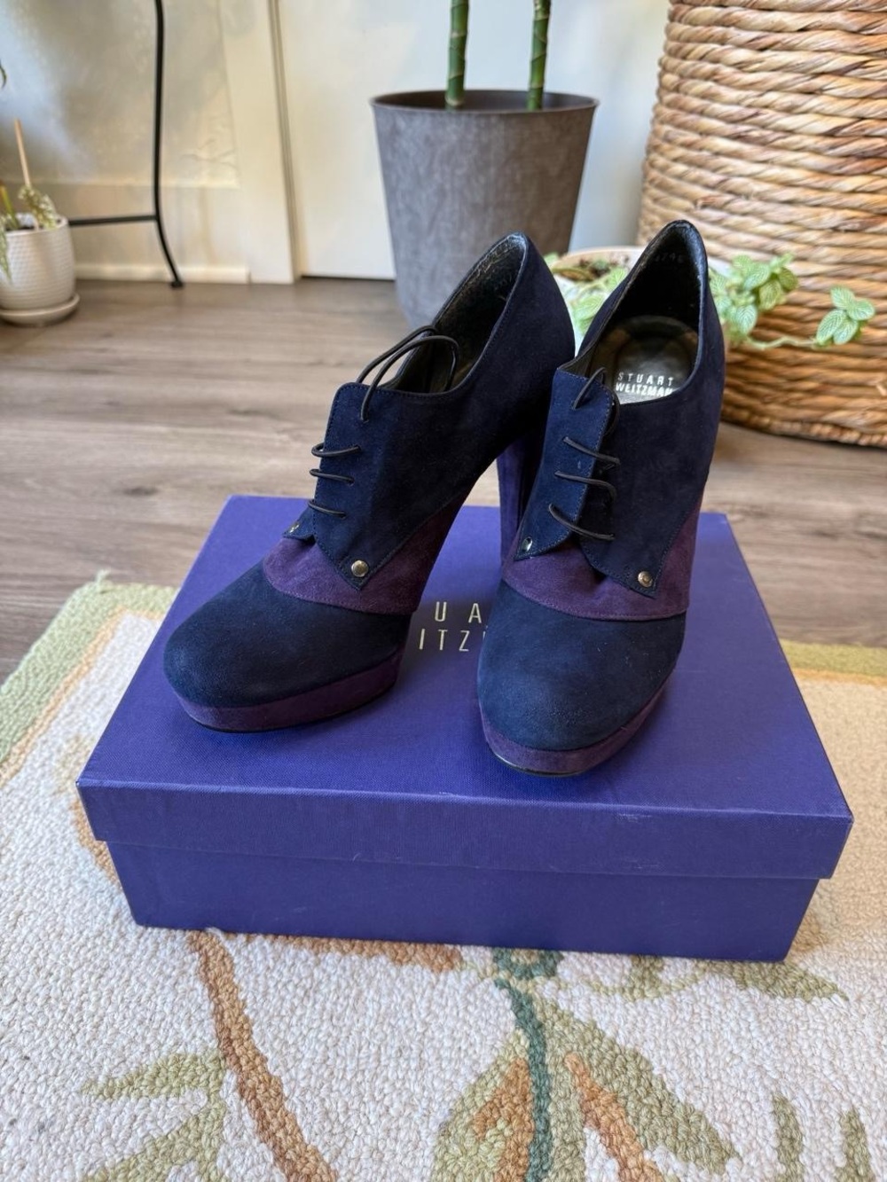 Stuart Weitzman Navy & Purple Suede Lace-Up Platform Heels